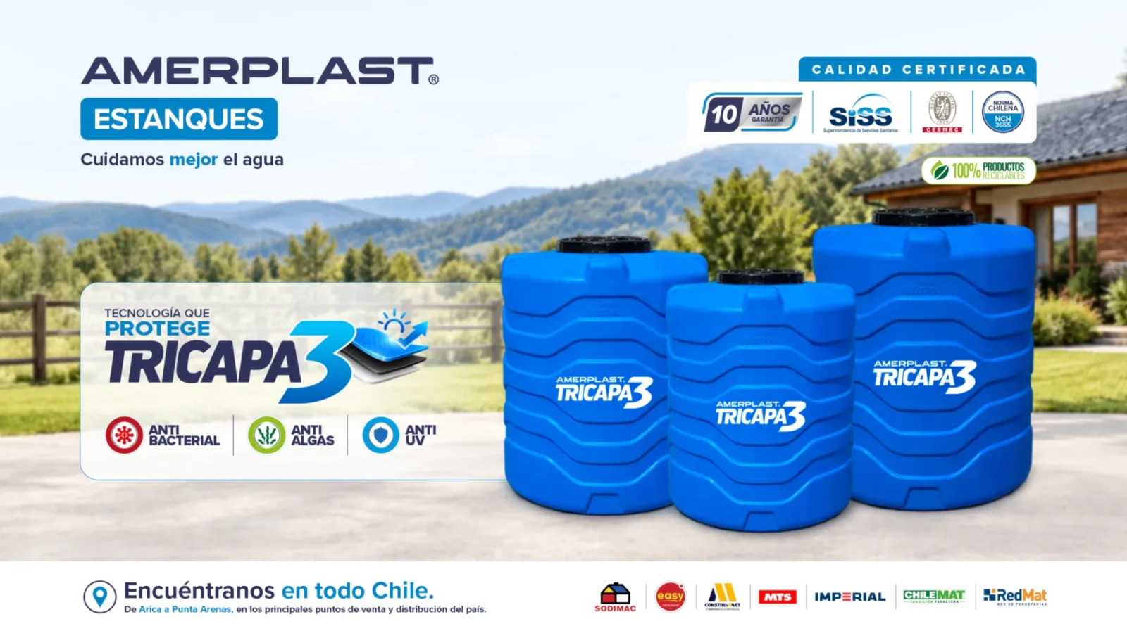 Amerplast · Estanques Tricapa, tecnología que protege. Cuidamos mejor el agua. Encuéntranos en todo Chile, de Arica a Punta Arenas.